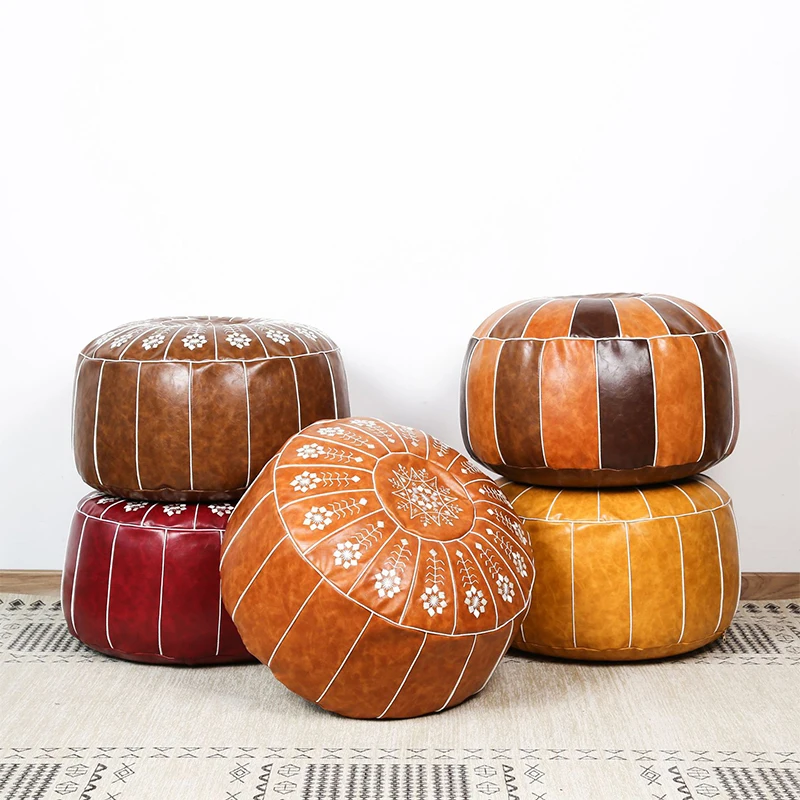 Nordic Style Moroccan Artificial Leather Pouf Craft Mandala Embroidery Ottoman Footstool Round Unstuffed Cushion Pillow | Дом и сад