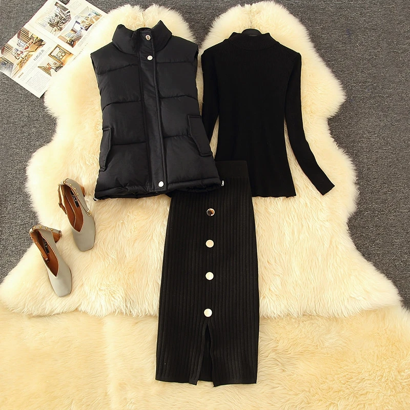 

Autumn Winter New Women Three Pieces Set Suit Turtleneck Sweater +Padded Vest Jacket Coat +Package Hip Knitted Button Skirts Set