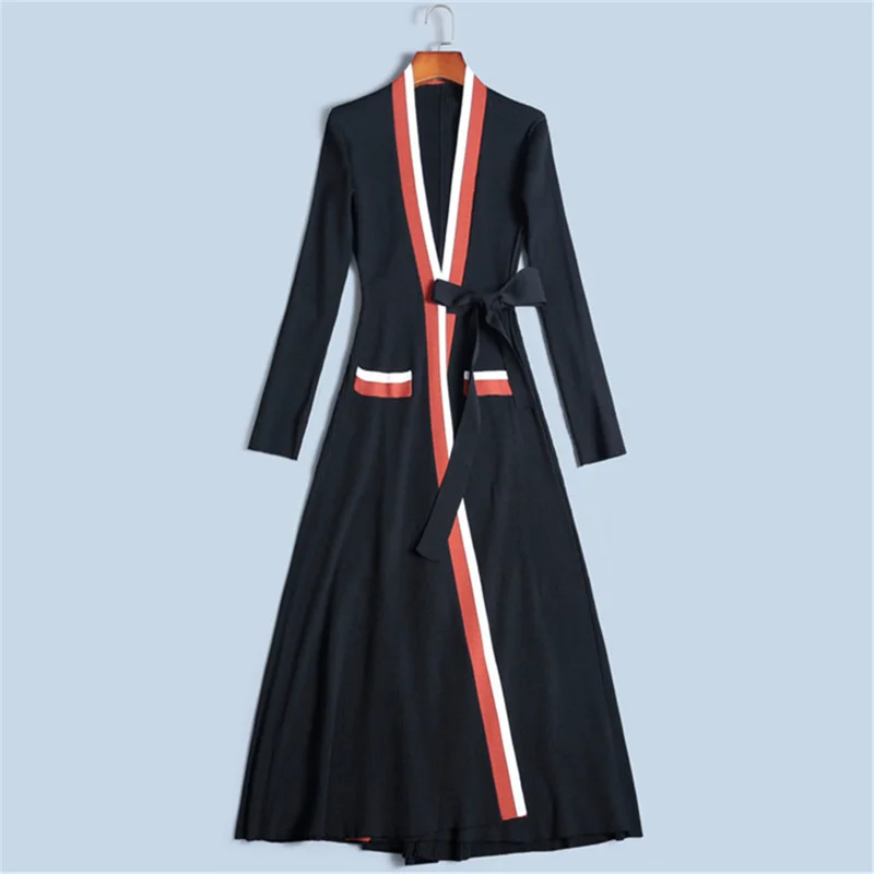 

Tunjuefs Slim Fit Color Block Striped Blet Cardigan Women Sweater Coat Elegant Sashes Maxi Knitted Top Shrug Long Outwear Casual