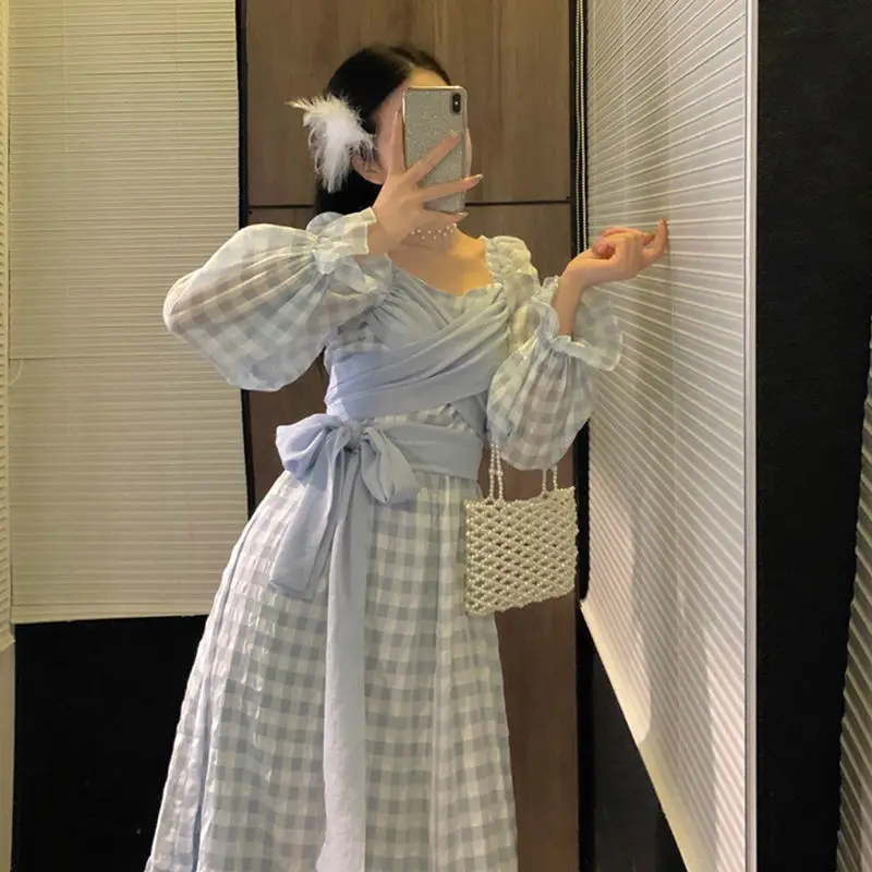 Spring And Autumn French Retro Bubble Long-Sleeved Tie Ruffled Plaid DressMid-Length Princess Dress Blue Sweet Temperament Dress sweater dress