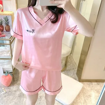 

2020 New Arrival Summer Women Shorts Sleeve Pyjamas Sets Lace Silk Satin Sleepwear Pajama Two Pieces Sexy Hollow Out Nightwear