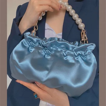 

Vintage Women Designer Handbags 2020 Blue Silk Female Messenger Bags Bead Handle Cloud bag Chain Crossbody Bags Lady Party Purse