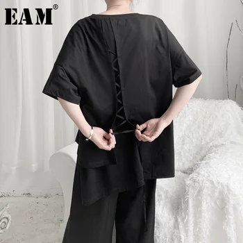 

[EAM] Women Black Back Bandage Split Big Size T-shirt New Round Neck Half Sleeve Fashion Tide Spring Autumn 2020 19A-a693