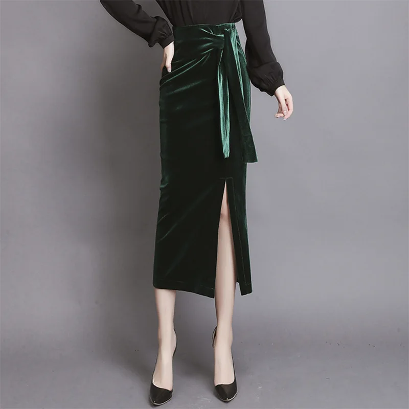Сексуальная Длинная эластичная плиссированная юбка с высокой талией и разрезом, Женская юбка-карандаш средней длины с поясом, осенне-зимняя Золотая Бархатная ретро юбка OL 3572LY