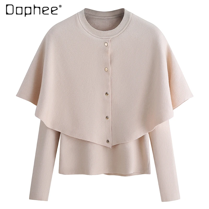 

2023 Autumn and Winter New Sweet Lotus Leaf Cloak Fake Two Pieces Pullover Slim Fit Outerwear Sweater Top Women