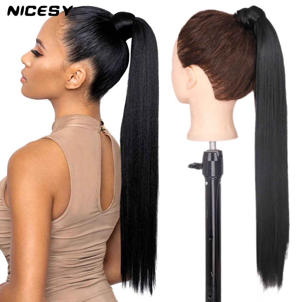 NICESY Synthetic Black Long Straight Ponytail Hair Extensions Heat Resistant Hair 22Inch Wrap Around Pony Hairpiece