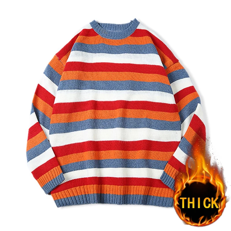 

Winter Man Pullover Streetwear Fleece Hip-hop Style Plush Harajuku Color MatchingColor Style with Plain Style Striped Pattern