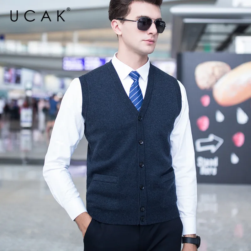 Cheap UCAK Brand Sweater Vest Men Solid V-Neck Pure Merion Wool Pull Homme Casual Warm 2019 Winter Fashion Trend Buttons Vests U3099