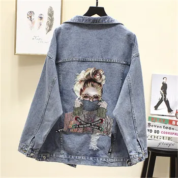 

2020 Spring Autumn Plus size Women Print Hole Denim Jacket Veste en jeans pour femme Harajuku Light blue Casual Jeans Jacket 3XL