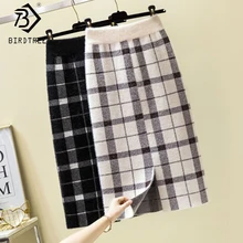 Новинка весны, Женские клетчатые прямые трикотажные юбки с высокой талией, теплая Повседневная юбка миди с разрезом, B9D407S