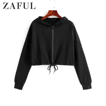

ZAFUL Drop Shoulder Drawstring Short Zip Hoodie For Women Long Sleeve Solid Color Autumn Female Tops Sports Newest 2019