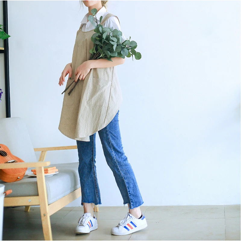 Florist Working Apron Waterproof Women Cotton Linen Cross Back Apron Japanese Housework Kitchen Cooking Double Pocket Apron