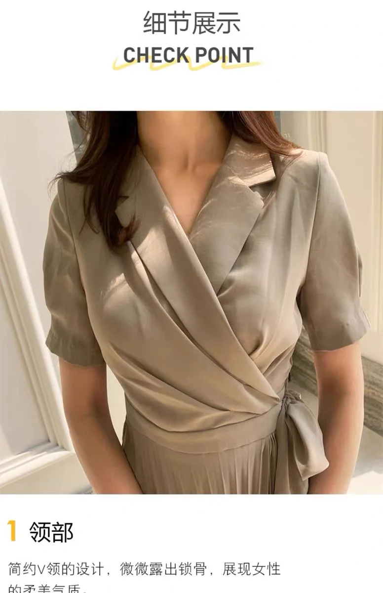 Korean Short Sleeve Pleated Women Dress Office Ladies Lace Up Notched Blazer Dress Adjustable waist Midi Dress 2020 Summer New