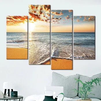 

4 Panel Wall Posters And Prints Beach Wave Wall Art Canvas Poster Picture Home Décor Canvas Painting