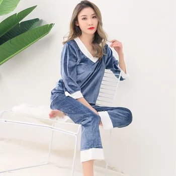 

Plus Size 2020 Autumn Winter Thick Warm Gold Velvet V-neck Pajama Sets for Women Long Sleeve Sleepwear Homewear Pijama Mujer