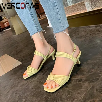 

VERCONAS 2020 Sexy Woman Sandals Women Pumps Genuine Leather Calssic Elegant Shoes Summer Square Toe Thin High Heels Shoes Woman
