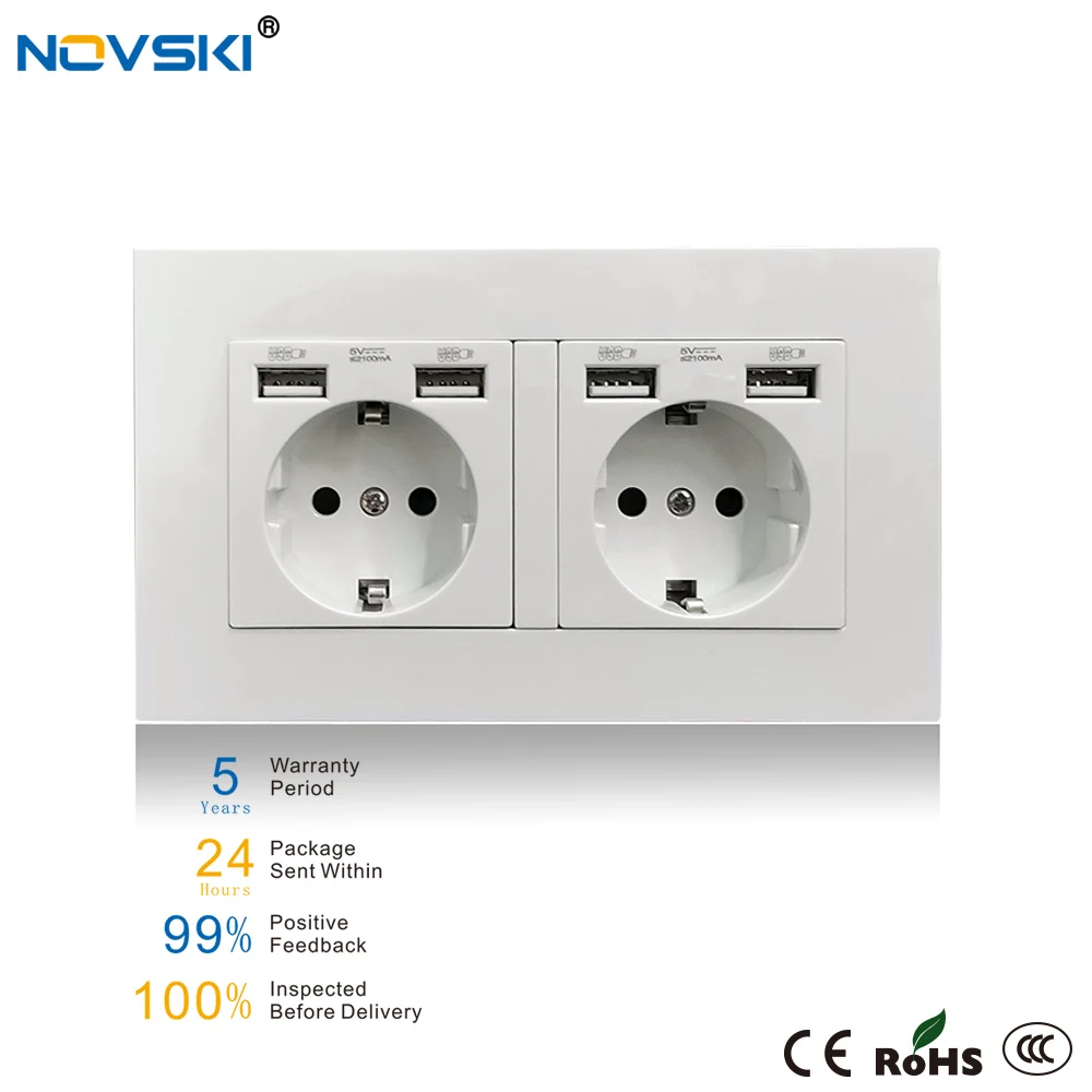 

NOVSKI 2 Gang EU Wall Socket USB 4.2A Outlet 2 Frame Schuko Electrical Socket PC Panel Grounded, 86*146mm 5 Years Warranty