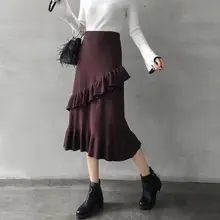 Женский толстый свитер юбка эластичная высокая талия плиссированная миди трикотажная Женская плиссированная юбка однотонная элегантная юбка вязаная юбка женская