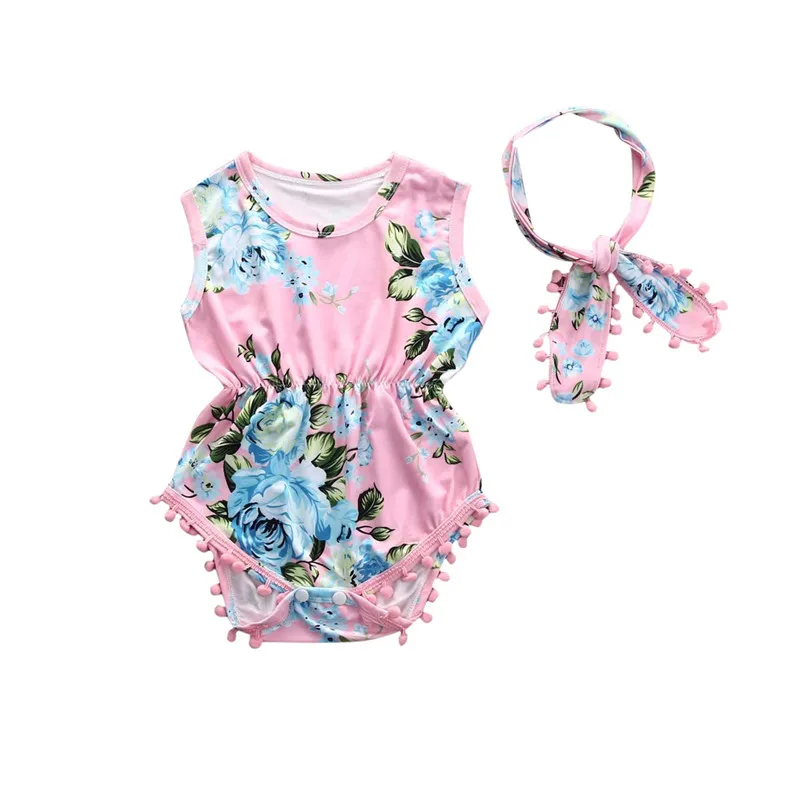 Комплект одежды для маленьких девочек от 0 до 24 месяцев, летний Цельный Детский комбинезон, розовый, зеленый, пион, цветочный принт, боди для малышей, повязка для волос, комплект для новорожденных - Цвет: Розовый