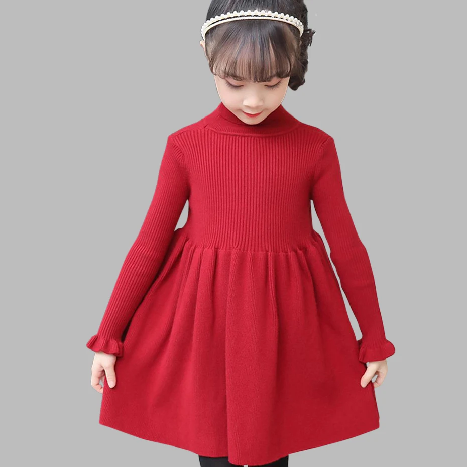 Платье для девочек однотонное трикотажное платье-свитер с высоким воротником для девочек осенне-зимняя детская одежда для девочек 6, 8, 10, 12, 14 лет