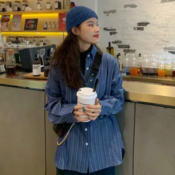 

Stripe Autumn Women Shirt Loose Casual Blue Buttons Women Tops Long Sleeve Korean Women Clothes Retro Oversized Street BB60NCS