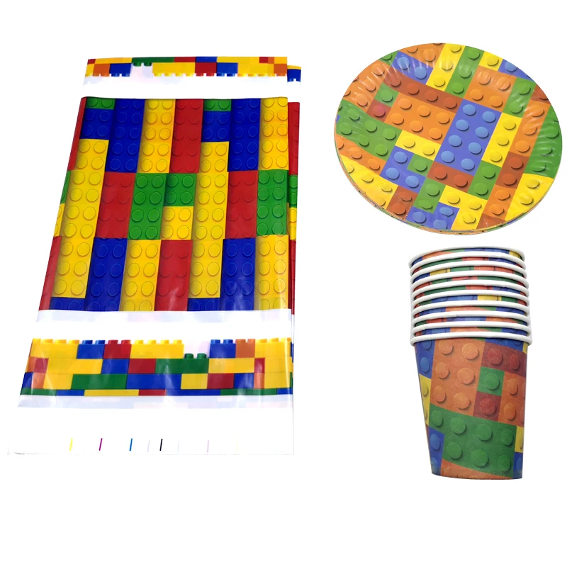 

21pcs/lot Baby Shower Party Blocks Theme Cups Plates Kids Boys Favors Table Cover Decorations Dishes Glass Birthday Tablecloth