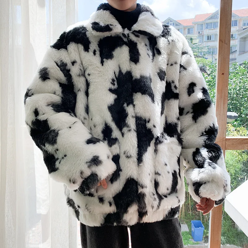 

2019 Winter Men's Cow Printing Trench Leather And Fur Snow Jacket Hip Hop In Warm Loose Coat Cotton-padded Clothes White Parkas