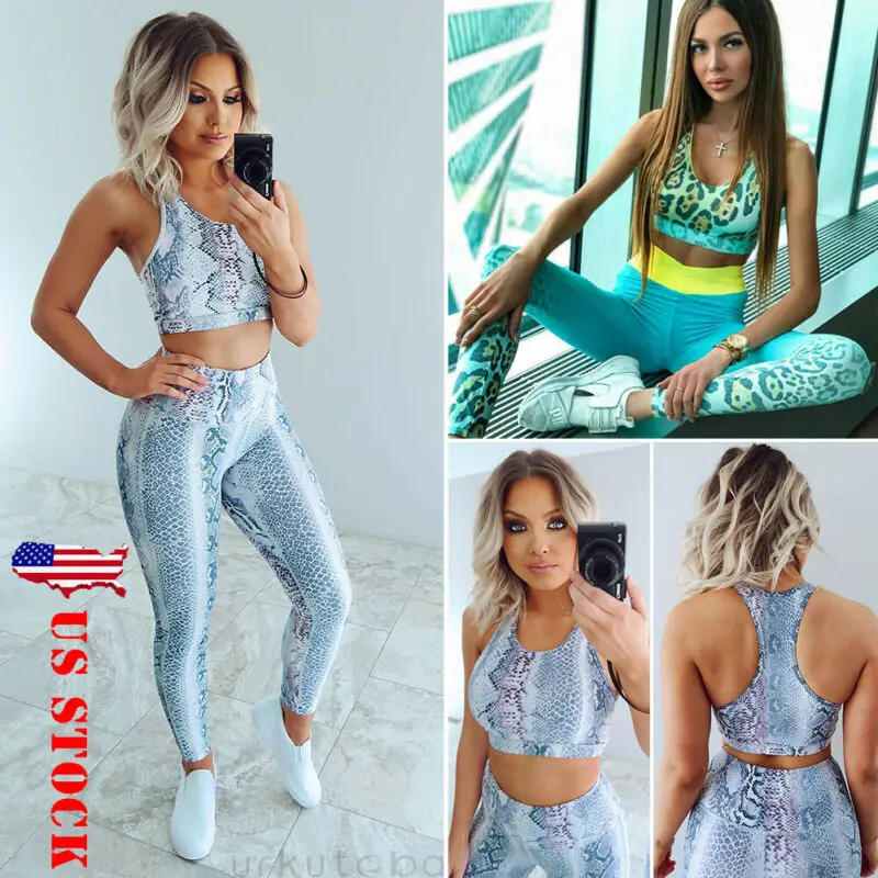 

New Fashion Women Leopard Printed Work Out Clothes GYM Fitness Sports Yoga Suit Set Running Yoga Sportwear Crop Tops+Pants