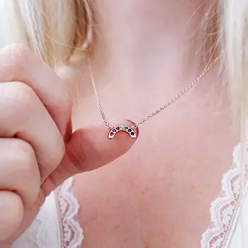 

925 Sterling Silver SIMPLE Rainbow Shaped Colorful Cz Necklace Minimal Delicate Jewelry Vermeil Gold Color Sweet Necklaces Gift