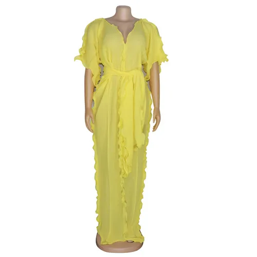 Тилапии модные блузки с короткими рукавами шифоновое, максимальная длина пикантные однотонные V образным вырезом лоскутное платье - Цвет: yellow