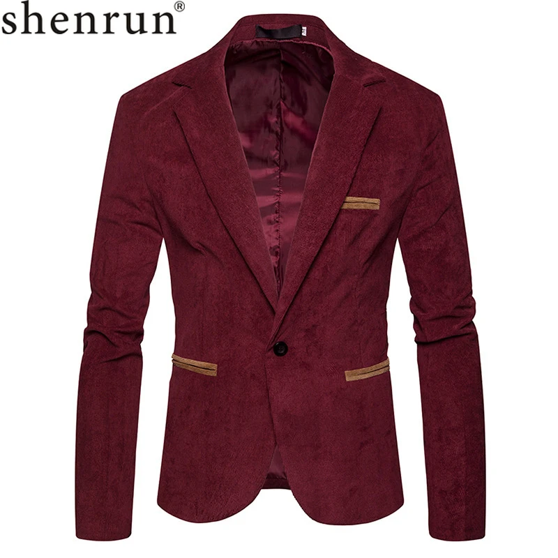 

Shenrun Men Blazers Corduroy Autumn Winter Slim Fit New Fashion Formal Casual Blazer Wine Red Khaki Navy Blue Suit Jacket Stage
