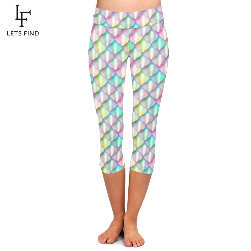LETSFIND-mallas Capri de cintura alta para mujer, Leggings de seda estampada de fibra de leche, con estampado de escamas de pescado, de talla grande