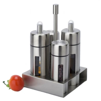 

Stainless Steel Salt Pepper Shaker Set Soy Sauce Vinegar Spice Bottle With Stand Condiment Box Cooking Kitchen Seasoning Bottle