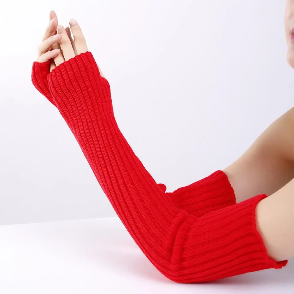 Модные зимние теплые однотонные вязаные шерстяные перчатки без пальцев, 11 цветов, вязаные женские длинные перчатки, перчатки для женщин - Цвет: Красный