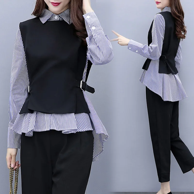 

Office Ladies Elegant Slim 3 Pieces Pants Set Ruffles Stripe Blouse Lace Up Vest Tops And Hight Waist Pant Women Plus Size Suits