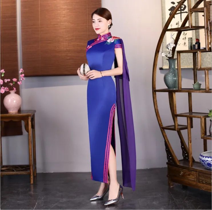 Плюс размер 4XL вышивка элегантное сценическое шоу с высоким разрезом шелк традиционное китайское Ципао женское платье винтажное женское