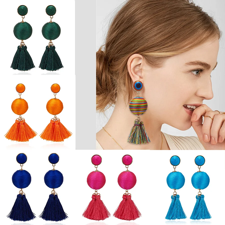 

Luxury 14 Colors Long Tassel with Ball Winding Handmade Earrings Bohemian Silk Dangle Drop Earrings For Women Jewelry Gift