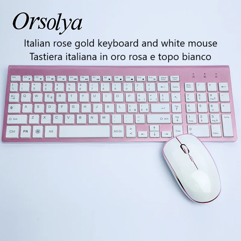Pink Italian 2,4G Беспроводная клавиатура и мышь Combo Orsolya Compact полноразмерная клавиатура и 2400 точек/дюйм оптическая мышь с низким уровнем шума, испанский, немецкий, итальянский, японский, французский, розовый и белый - Цвет: Pink Italian