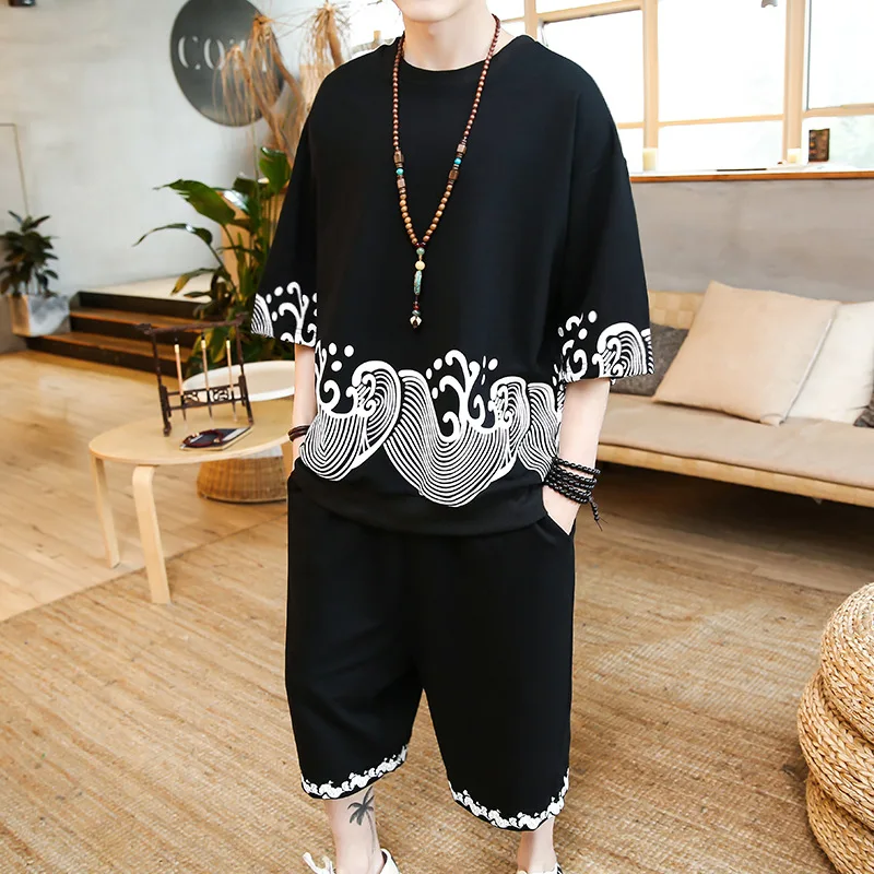 

2019 Summer New Style Cotton Linen Short Sleeve Set Men's Thread Hem T-shirt Chinese-style Flax Large Size Two-Piece Set