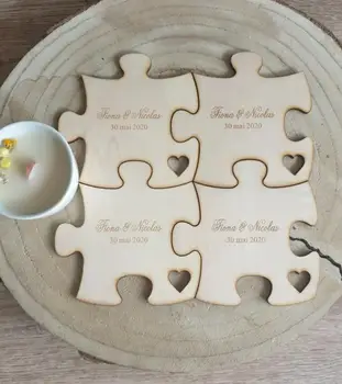

Customise any language Wooden rustic wedding Jigsaw Puzzle birthday table Coaster Favours -custom Keepsake Favour for Guests