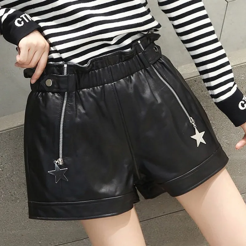 

Star Tassel Real Leather Shorts Women Street High Waist Straight Wide Leg Shorts Autumn New Pocket Black Shorts Size 4XL