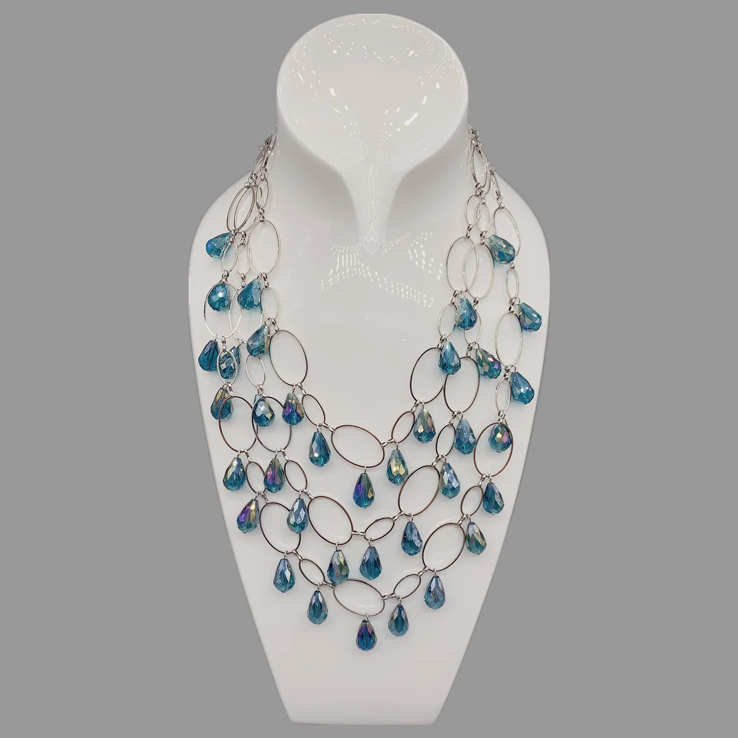 FoLisaUnique Strands Silver Oval Loop Chain Layers Stylish Trendy Jewelry Tear Drop Crystals Necklace For Women