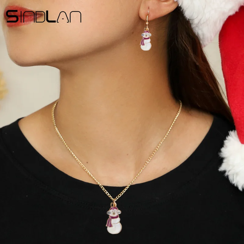

Sindlan Christmas Snowman Pendant Necklace Earring Set New Year Christmas Gift Jewelry Sets for Women Girls Family Members