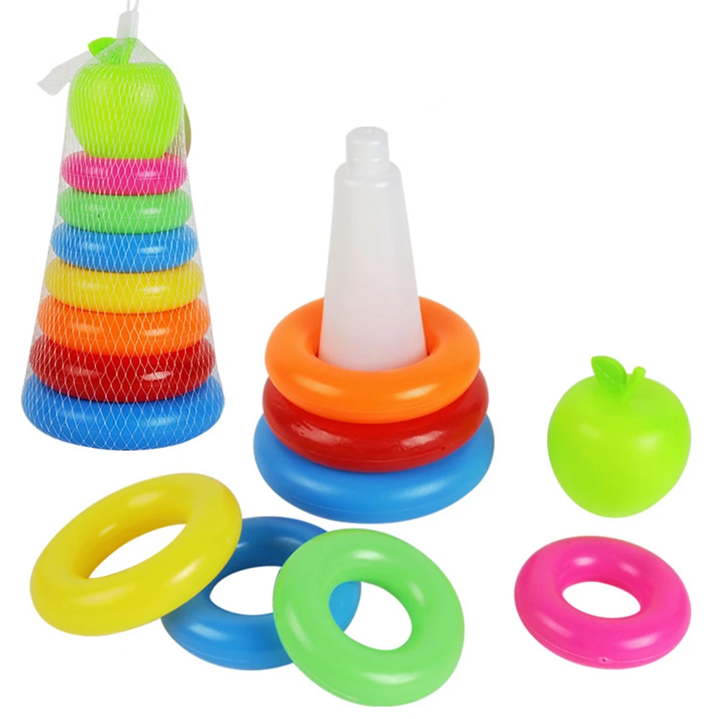 Kids Toddler Early Educational Toy Green Apple with 9 Plastic Rainbow Color Stacking Rings Tower Toy, Bath Tub Play Toy Gift
