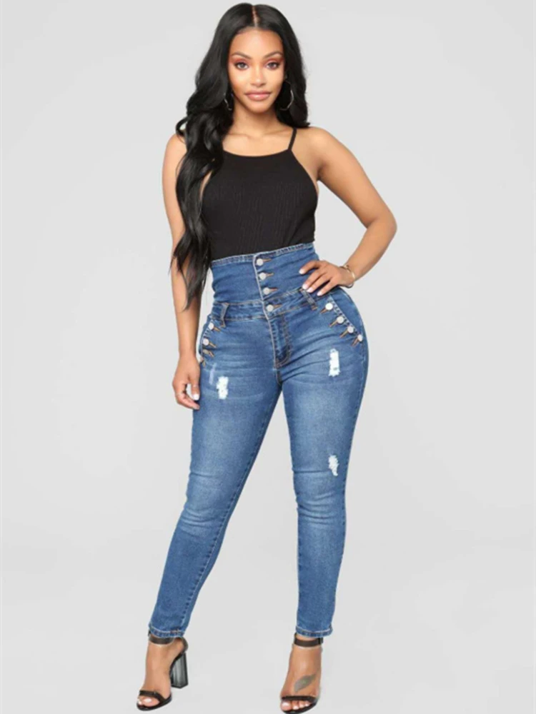 

Ladies Full Length Denim Skinny Pants Retro Skinny Four Button High Waist Pencil Jeans Stretch Jeans Distressed Jeans Fashion