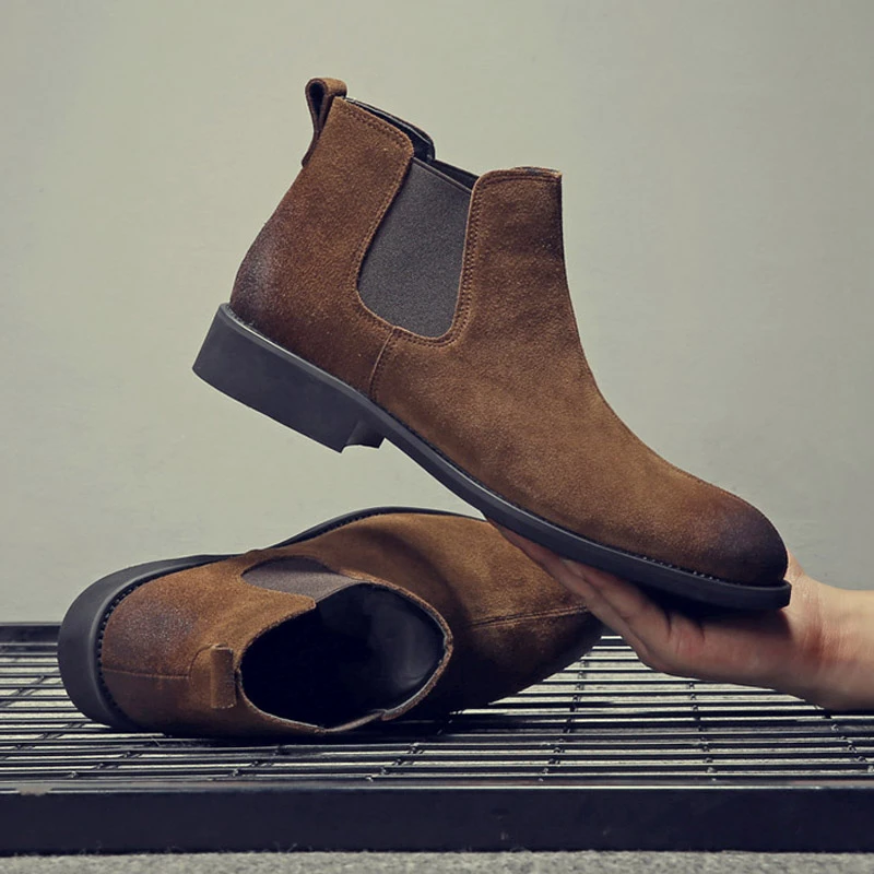 Botas de moda para hombre, botines cuero vaca sin cordones, informales, negros, altos, para invierno|Botinas| - AliExpress