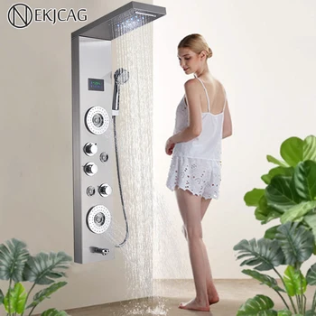 

Brushed nickel Bathroom Shower Panel Column LED rain waterfall Faucet Multifunction Tower Shower Faucet with back Jet Mixer Tap