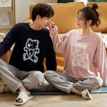 

NIGHTWA Couple Pajamas Autumn Long Sleeved Cotton Girl Princess Style Doll Collar Men's Large Size Cute Home Suit Pijamas Mujer