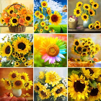 

Full Round Diamond Painting Sunflower Diamond Mosaic Full Square Flowers Rhinestones of Pictures 5D Embroidery Art Decoration