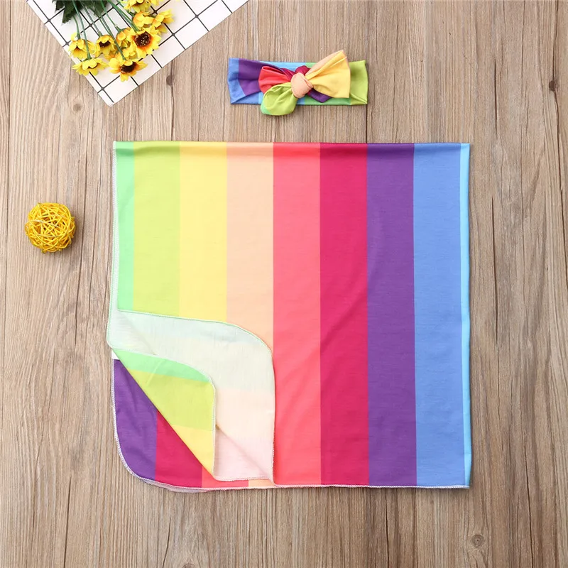 Хлопковое Пеленальное Одеяло с цветочным рисунком для новорожденных, спальный мешок, шапка, комплект из 2 предметов - Цвет: Rainbow